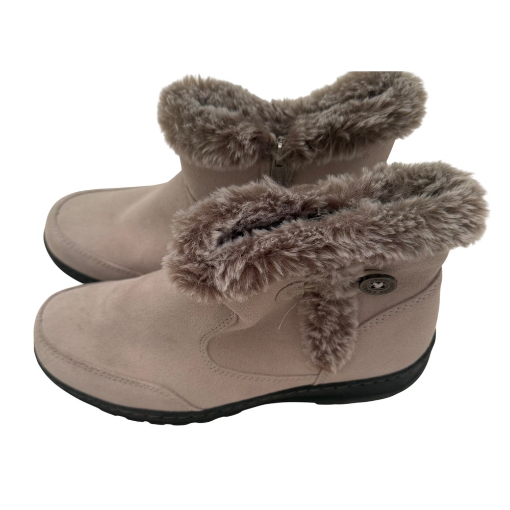 Khombu Ankle Boots Womens 9 Taupe Excellent Faux Fur Trim Side Zip Comfort